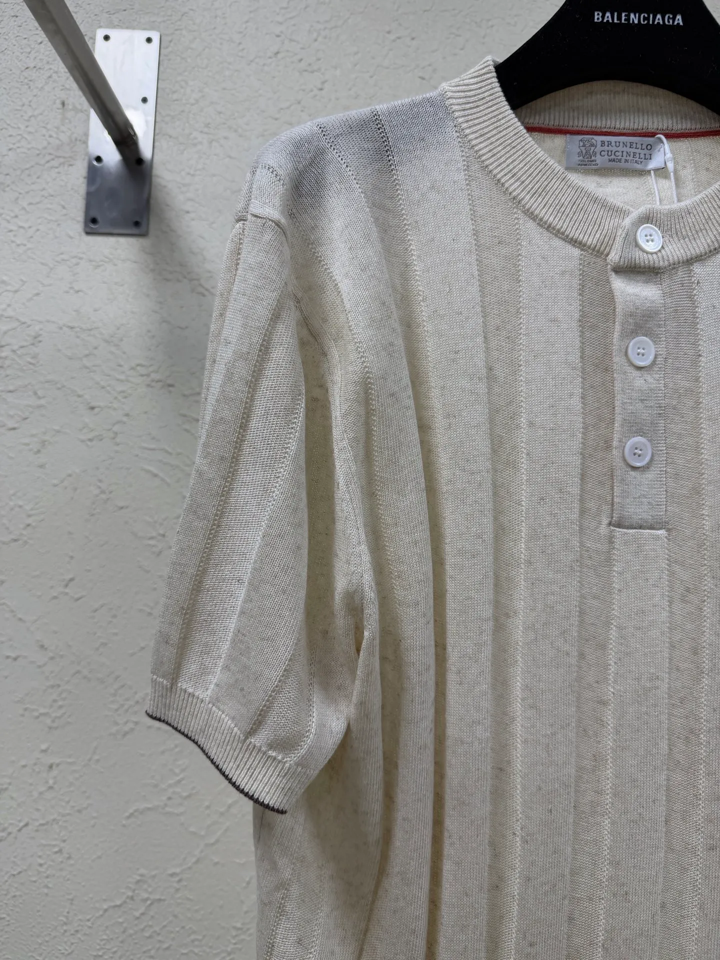 Branello Cuainelli Cotton Linen Blend Ribbed Pit Knit Button Henley Collar Short Sleeve Size: S M L XL